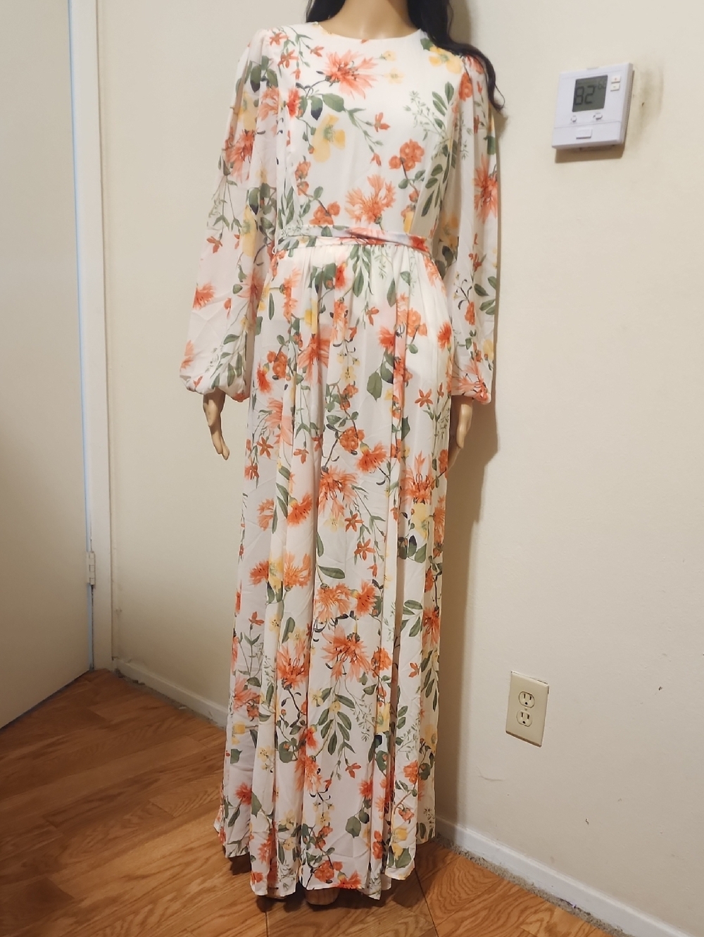 Champagne And Strawberry Floral Long Sleeve Maxi Dress - White with Coral Floral